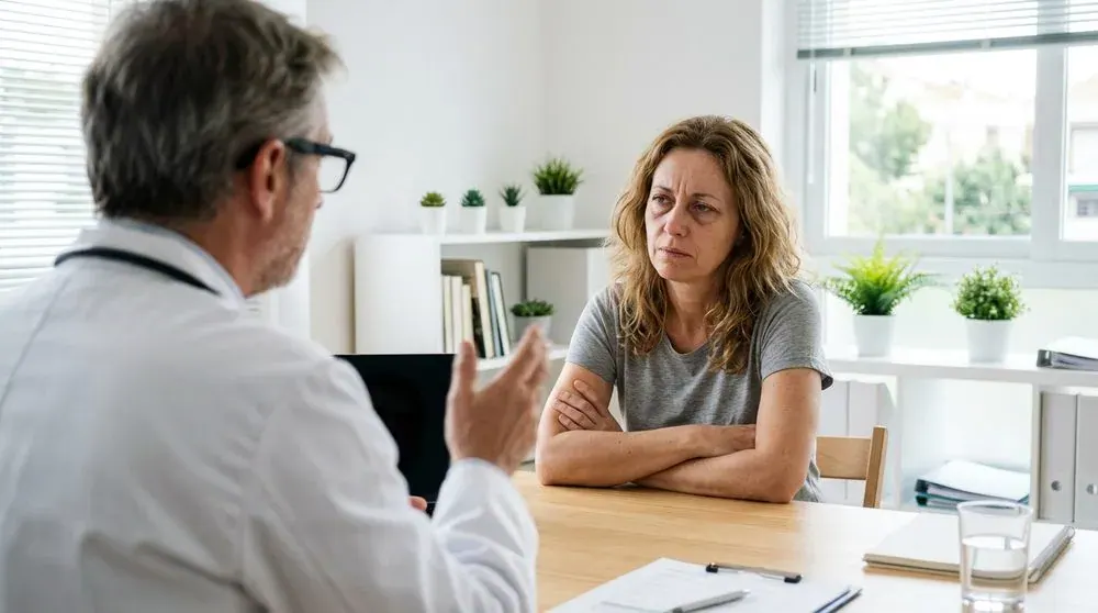 A doctor speaking with an exhausted patient across a desk