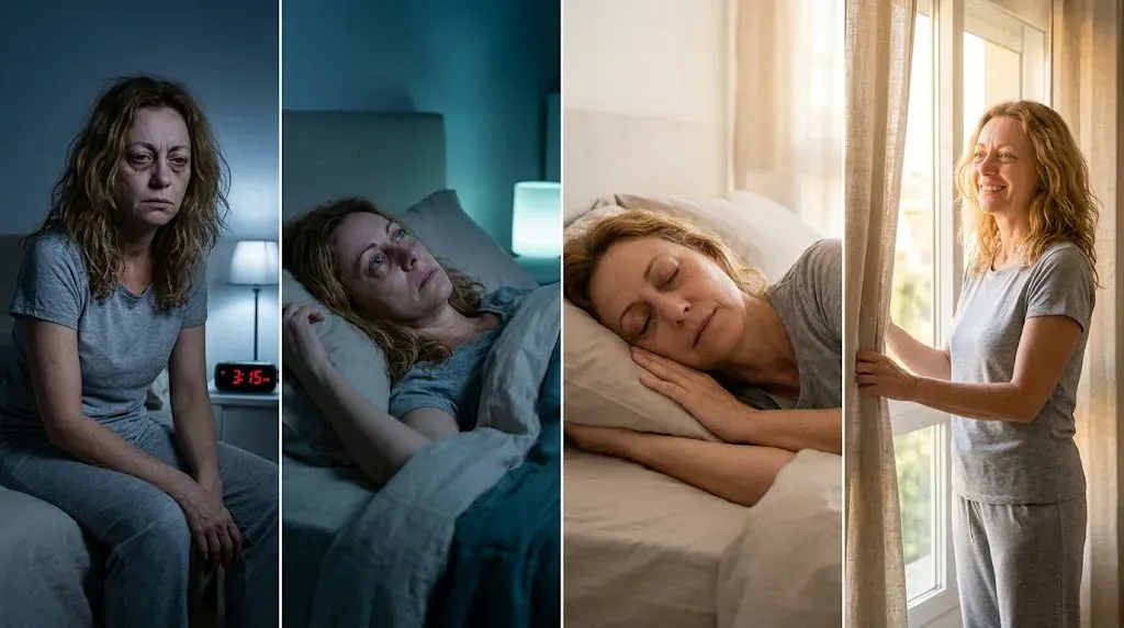 Four stages of the 14-day change: exhausted at bedtime, awake at 3 a.m., sleeping through the night, and waking up rested
