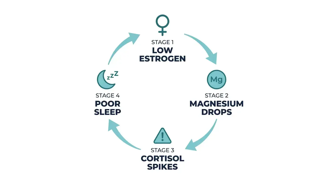 The magnesium depletion cycle: low estrogen, magnesium drops, cortisol spikes, poor sleep