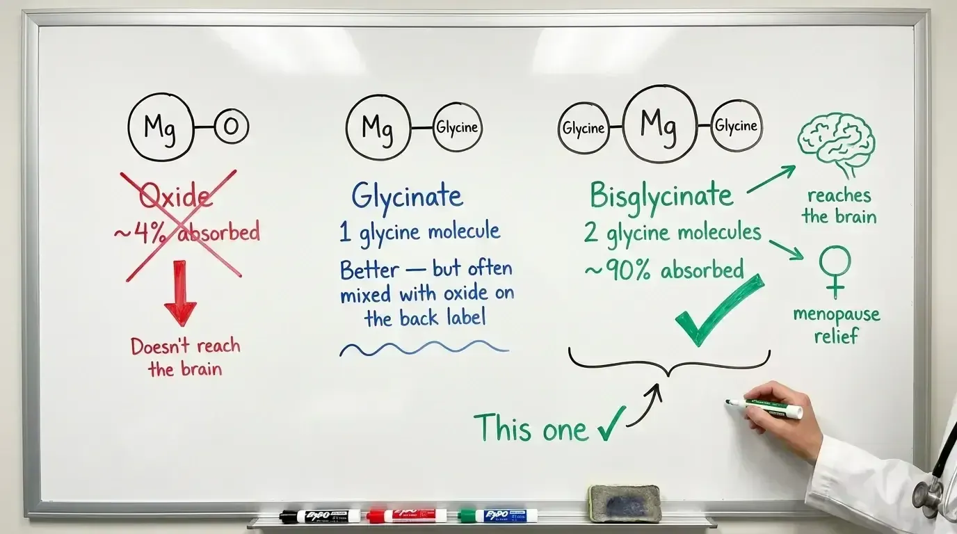Whiteboard comparing magnesium oxide, glycinate and bisglycinate absorption